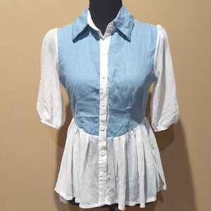 Blue and White Puff Sleeve Peplum Blouse